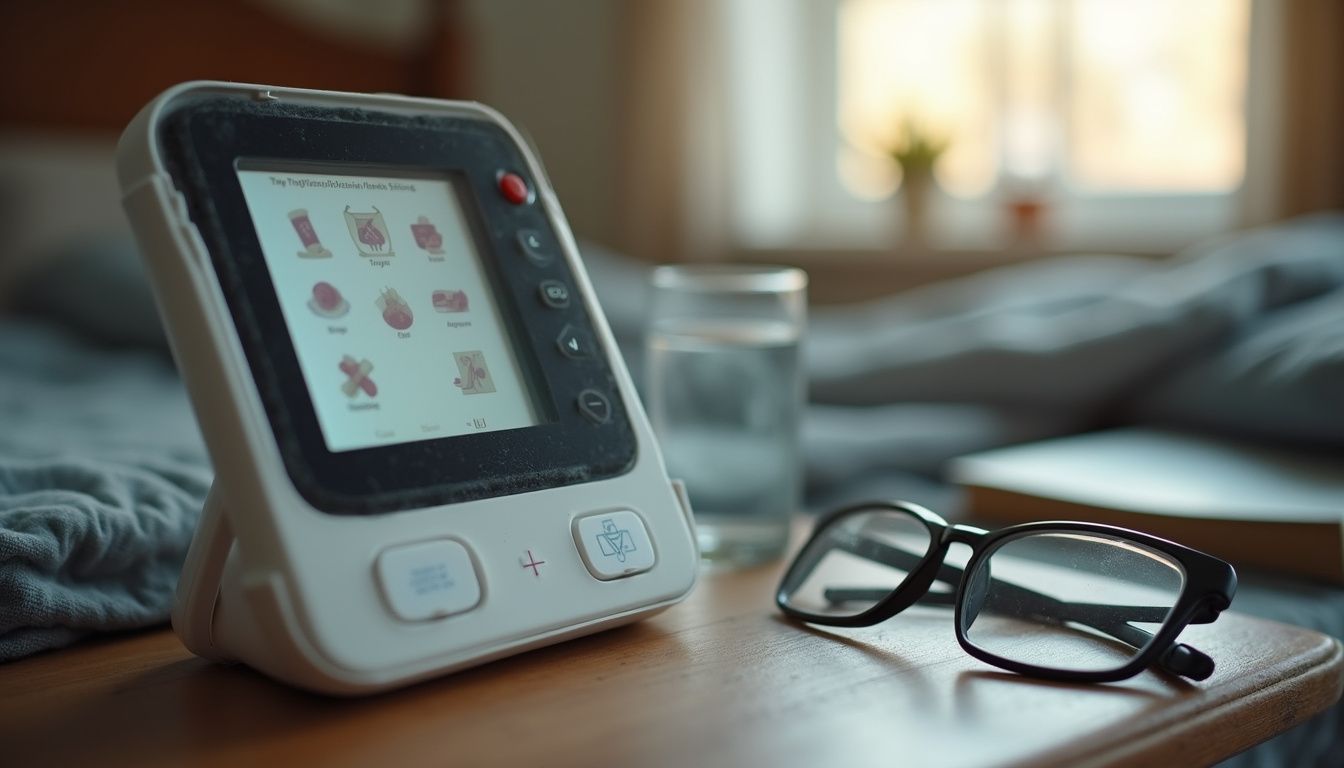 A medical alert device rests on a cluttered bedside table amidst everyday items in a cozy bedroom. A medical alert device rests on a cluttered bedside table amidst everyday items in a cozy bedroom.