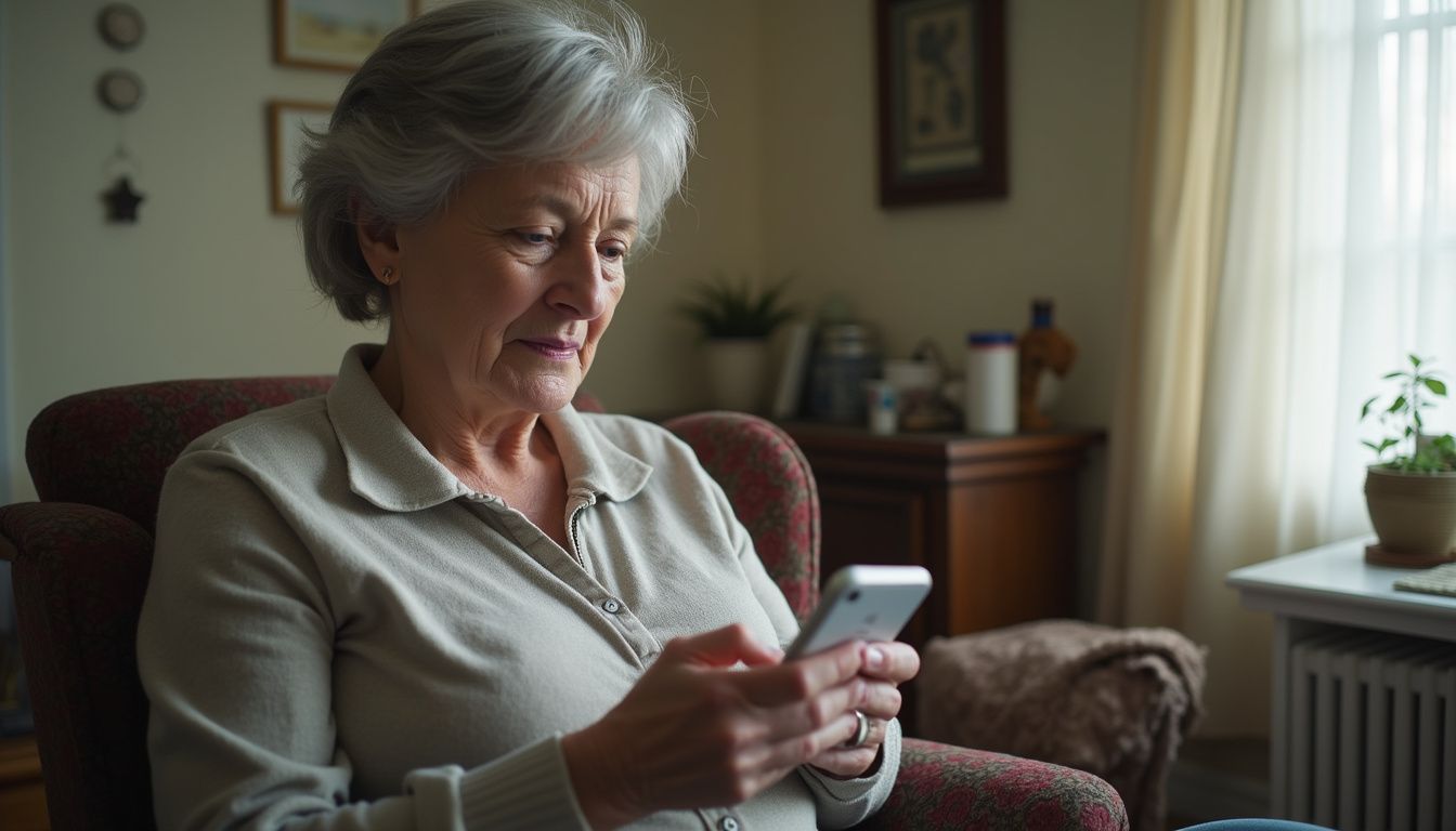A woman in her 60s struggles with a malfunctioning medical alert device in a cluttered, everyday room. A woman in her 60s struggles with a malfunctioning medical alert device in a cluttered, everyday room.