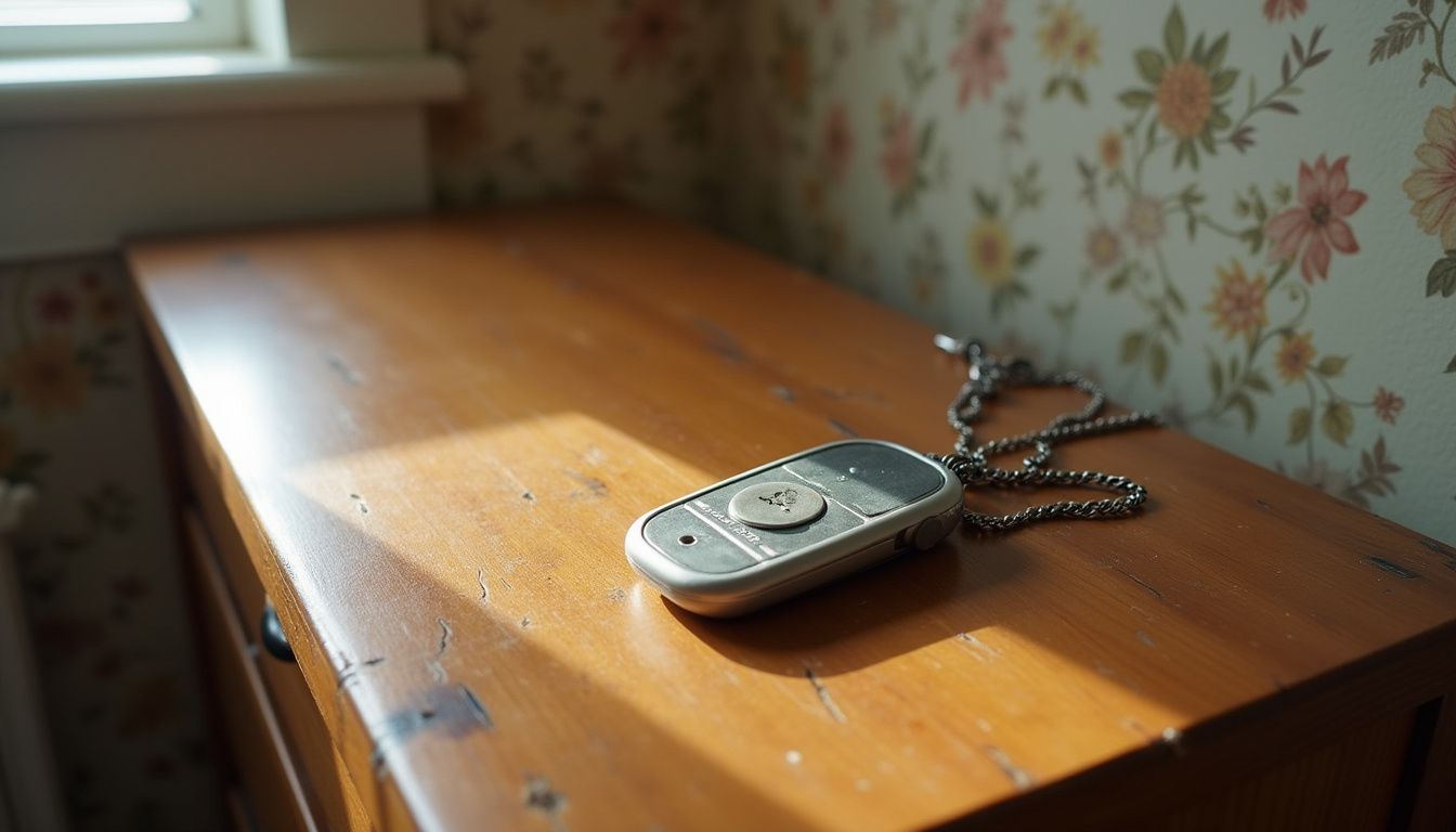 A worn medical alert pendant lies on a scuffed bedside table in a lived-in bedroom. A worn medical alert pendant lies on a scuffed bedside table in a lived-in bedroom.