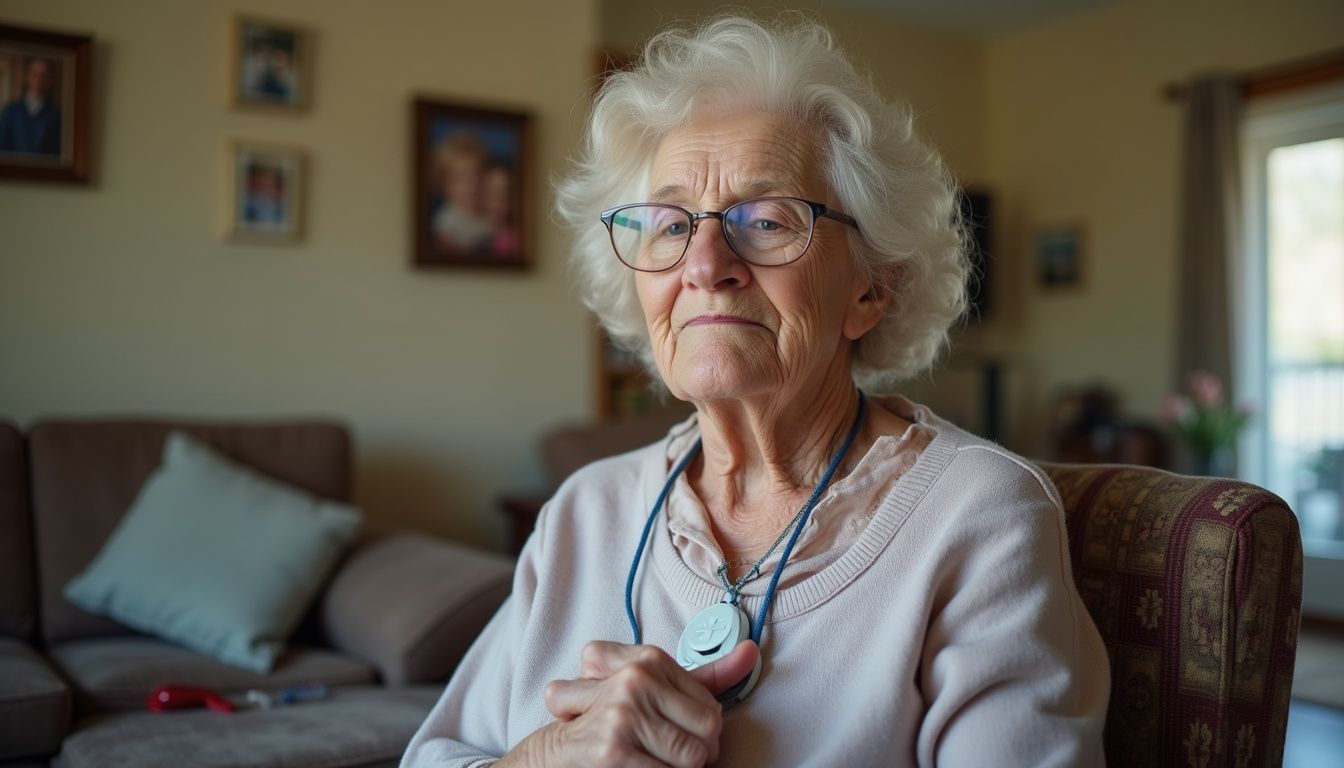 An older woman in her living room presses a button on her medical alert pendant. Elderly woman with gray hair and glasses sitting on sofa in living room, wearing a stethoscope around her neck, healthcare professional or senior patient at home, cozy indoor environment, natural light, family photos on wall.