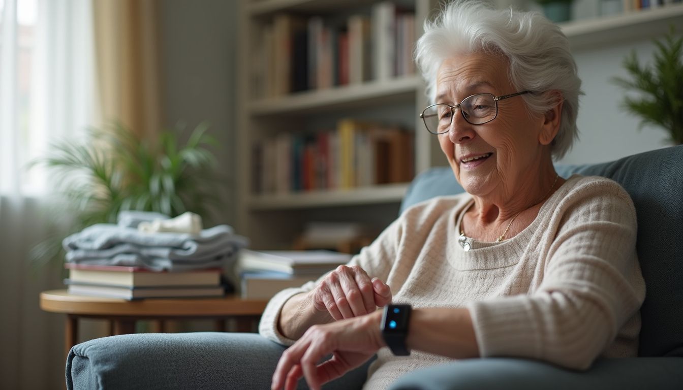 An older woman casually interacts with her smartwatch in a cozy, lived-in living room. Elderly woman checking her fitness tracker watch indoors, sitting comfortably on a sofa with books and plants in the background, promoting health and wellness for seniors.
