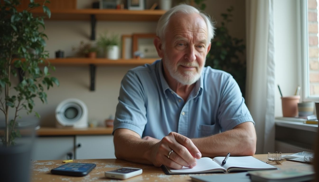 An older man with a medical alert necklace presses a help button on a cluttered table in his home. An older man with a medical alert necklace presses a help button on a cluttered table in his home.