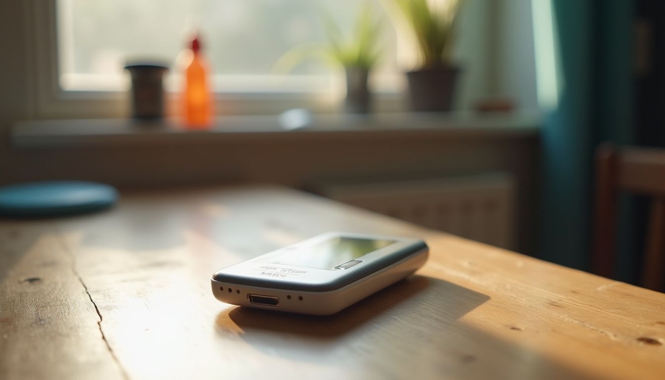 A used medical alert device with GPS tracking sits on a wooden table among everyday items. A used medical alert device with GPS tracking sits on a wooden table among everyday items.