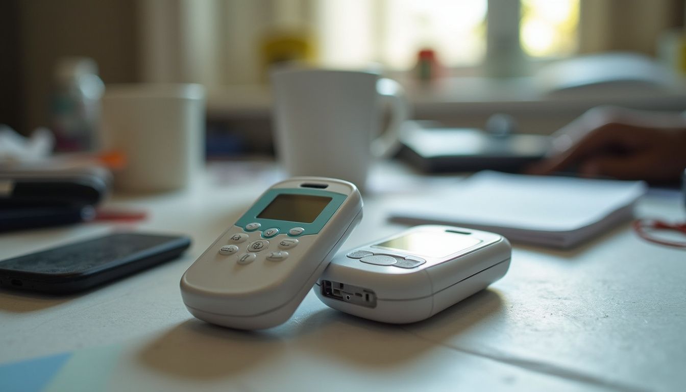 A casual snapshot shows two medical alert devices on a cluttered desk alongside everyday items. A casual snapshot shows two medical alert devices on a cluttered desk alongside everyday items.