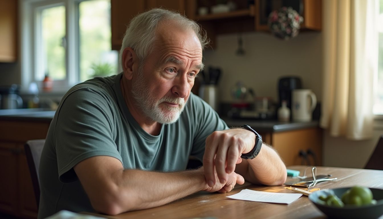 An older man sits at a cluttered kitchen table, casually checking his smartwatch in a relaxed moment. An older man sits at a cluttered kitchen table, casually checking his smartwatch in a relaxed moment.