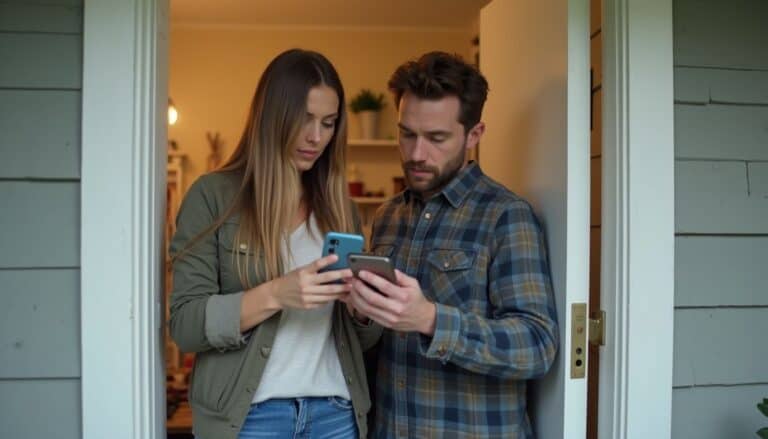 Young woman and man using smartphones outdoors, checking notifications, digital devices, technology, communication, casual conversation, lifestyle, social media engagement, modern communication tools.