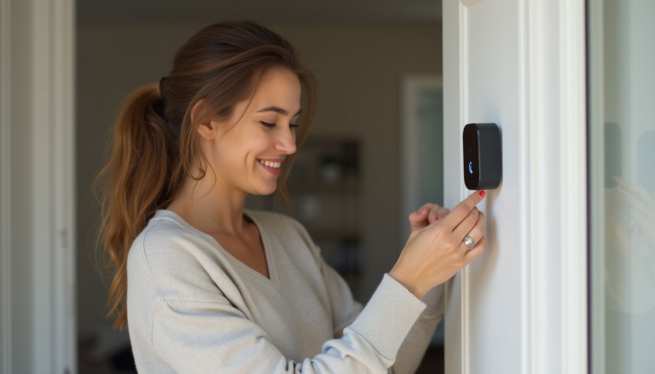 A woman installs a wireless Google Nest Doorbell at her apartment door in a casual, natural setting. Smart home security device installation by smiling woman at home.