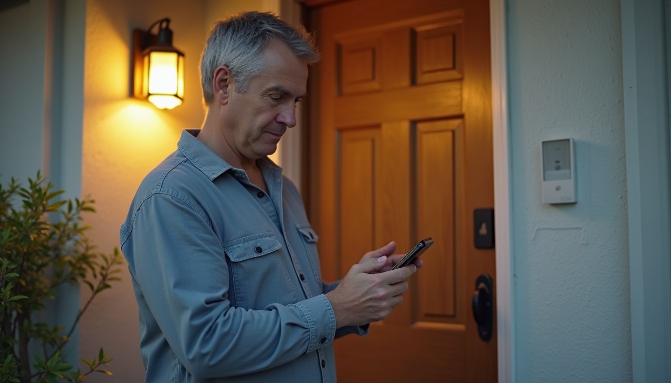 A middle-aged man casually installs a smart doorbell on his suburban home's front door. Smart home security systems, smart doorbells, remote door lock control, home automation, Wi-Fi connected security devices, modern security technology, household safety, convenience tech, wireless home security, GeekExtreme tech solutions.