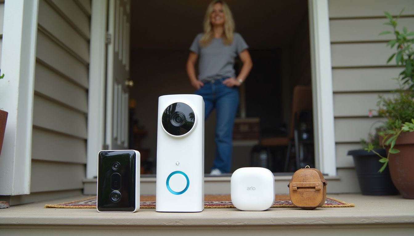 A casual person stands by a smart doorbell, Arlo camera, and traditional door chime on a messy porch. Smart home security camera with motion detection, video doorbell, and smart devices for home automation products.