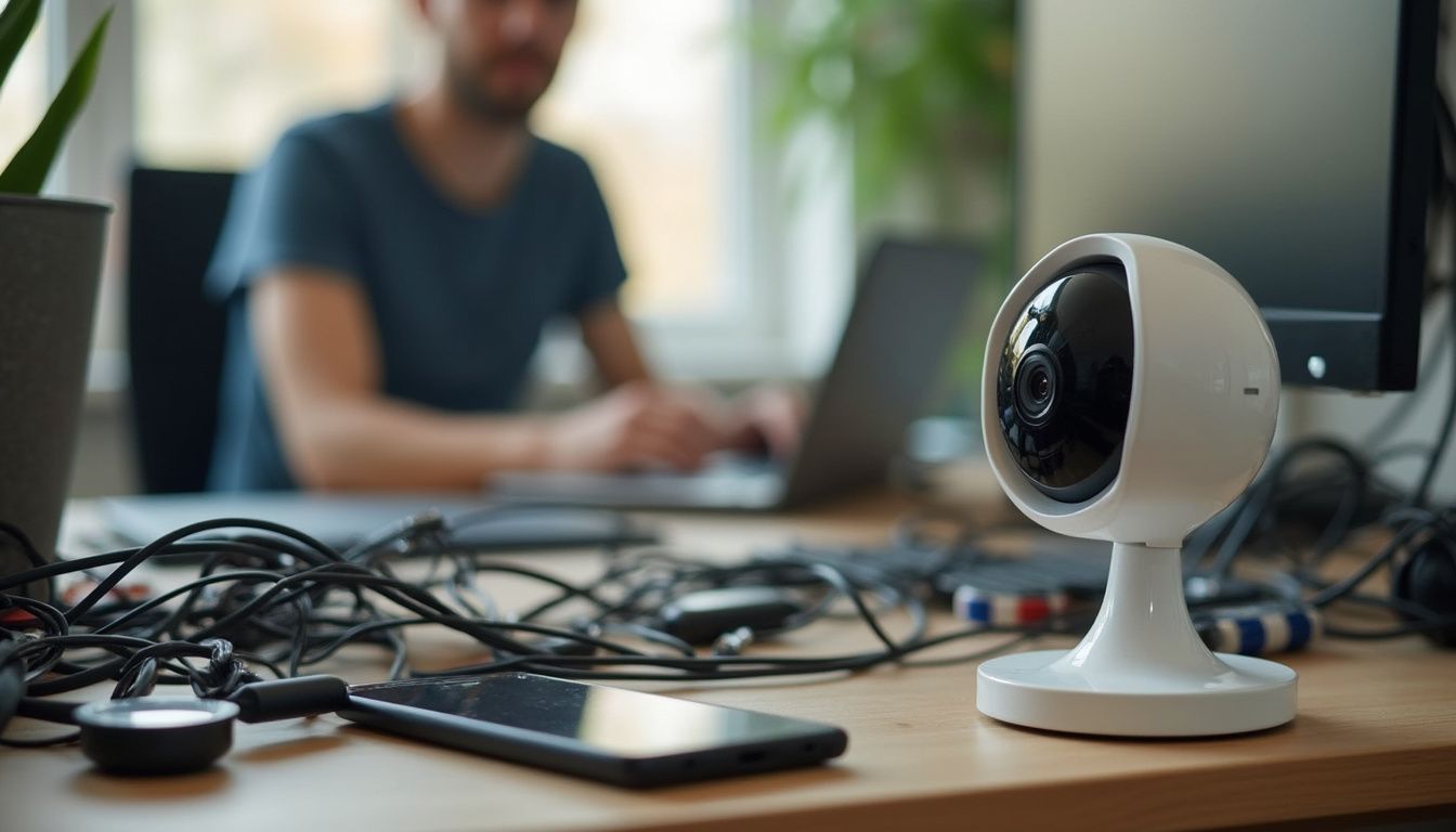 A cluttered home office desk features smart gadgets and tangled cords, capturing a casual, lived-in moment. High-tech security camera used for home or office surveillance, placed on a wooden desk with a clutter of cables and gadgets, with a person working on a laptop in the background.