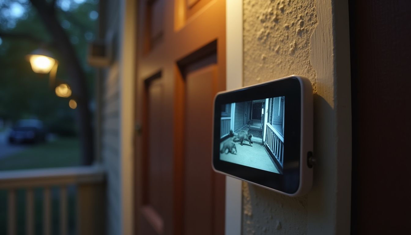 A doorbell captures a grainy night vision image of a raccoon wandering across a suburban porch. Cctv security camera monitor showing neighborhood porch with dogs at dusk, outdoor home surveillance system, smart home security device, outdoor security monitoring, modern home security technology.