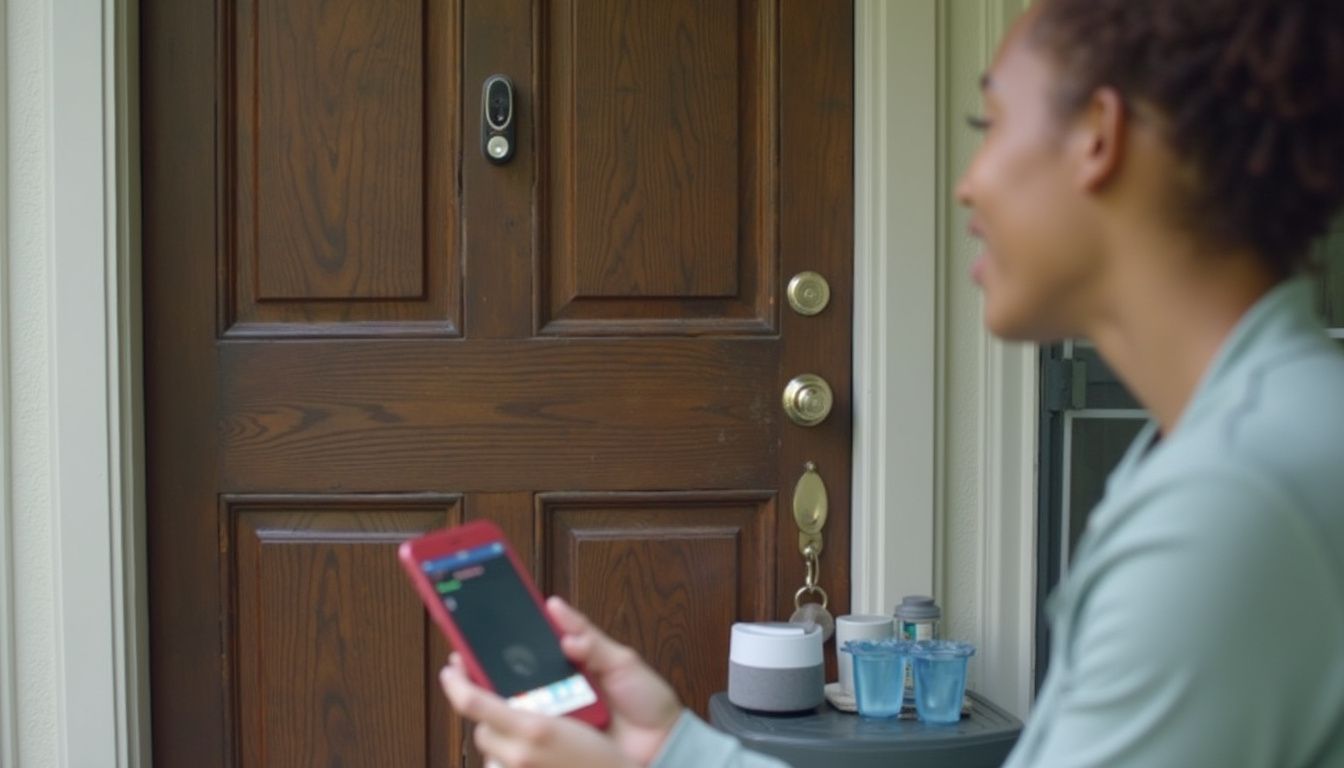 A person interacts with smart home devices on a casual, lived-in porch featuring a doorbell and outdoor gadgets. Smart doorbell camera with video monitoring system on a wooden front door for home security.