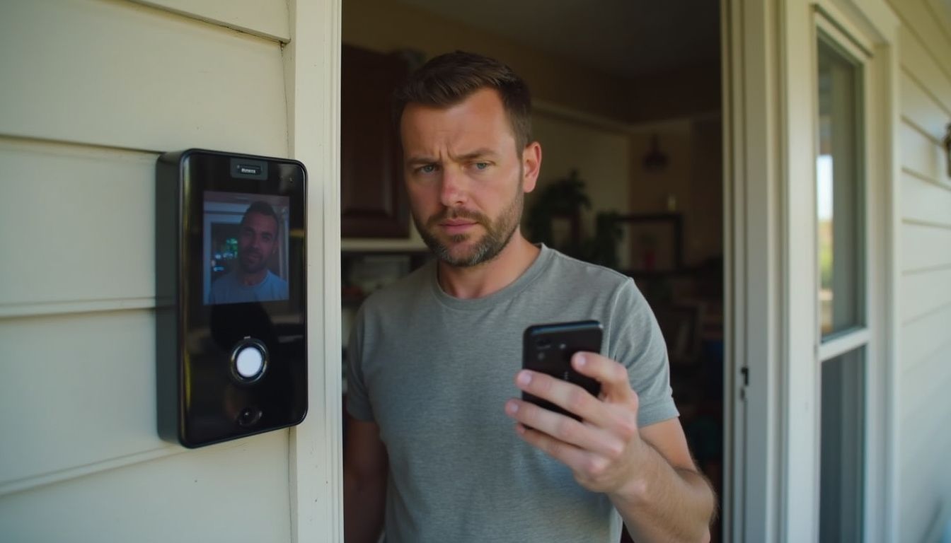 A man in his mid-30s looks frustrated at a malfunctioning smart doorbell on his porch. Filename: man-interacting-with-video-doorbell.jpg.