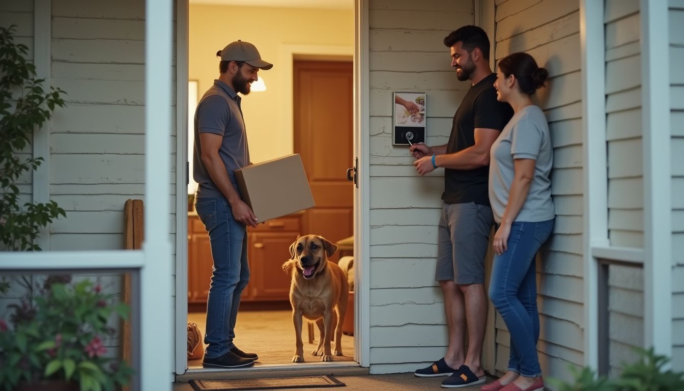 A couple interacts with a smart doorbell on their cluttered porch while their dog engages with a delivery person. Delivery person handing package to residents at their front door with dog waiting, happy neighborhood scene, doorstep delivery, friendly service, package drop-off, modern home, community interaction, GeekExtreme.
