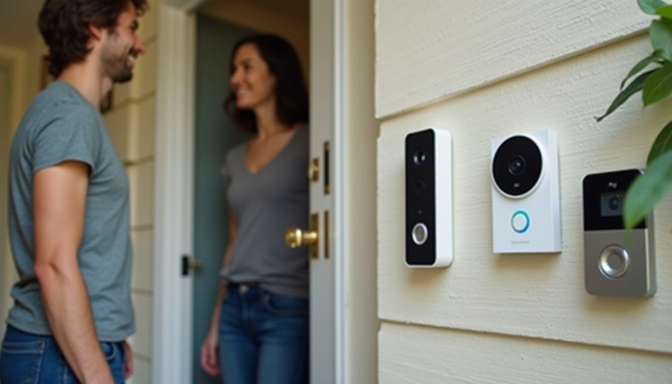 A person stands by a front door displaying various smart doorbells from different brands in a suburban neighborhood. Front door security video doorbell system with smart intercom and home surveillance technology for enhanced safety.