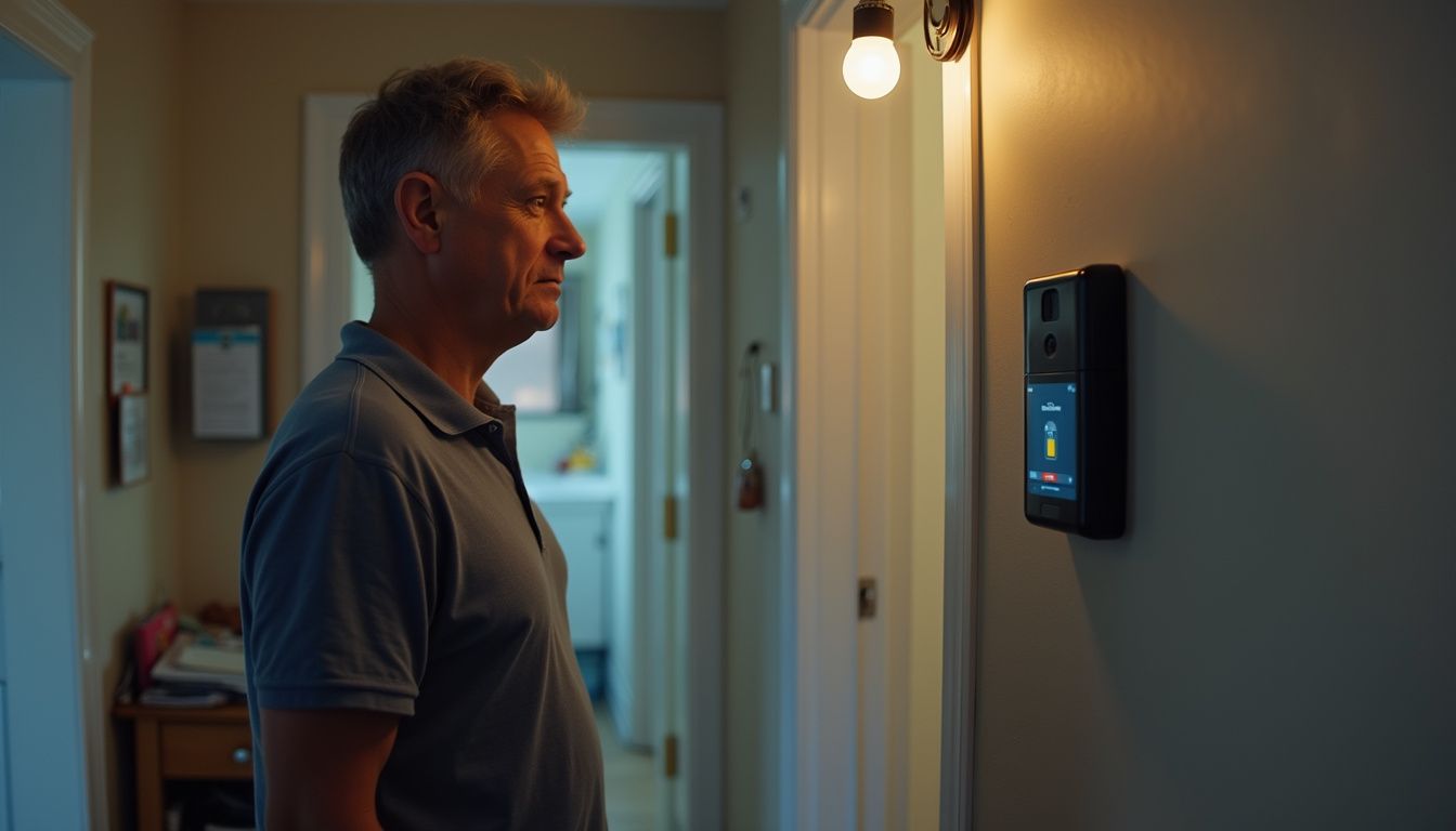 A tired man in casual clothes stands in a cluttered hallway, frustrated by a buffering smart doorbell with low battery. Smart home security panel mounted on a wall, used for home automation and security system management.