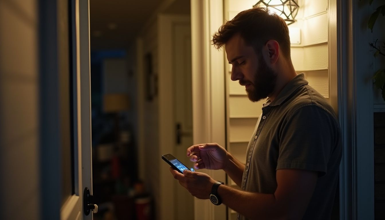 A man in his 30s casually adjusts his smart doorbell on a cluttered porch at night. Young man using smartphone outside house at night, casual tech lifestyle, modern home setting, digital connectivity, nighttime communication, geekextreme focus on electronics and gadgetry, tech enthusiasts, modern technology lifestyle, relaxed at home with devices, high-tech urban environment.