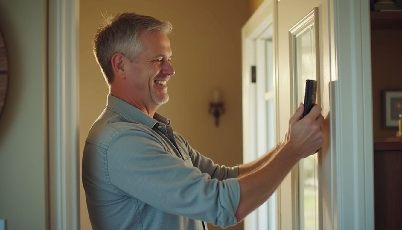 A middle-aged man is installing a Eufy smart doorbell in his home. Smiling middle-aged man taking a selfie with smartphone at home.