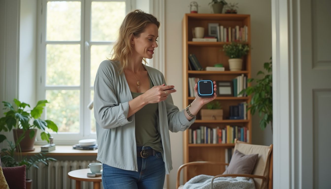 A woman casually installs a smart doorbell in her cluttered living room, holding an Echo speaker. Smart home device, woman using a smart gadget in a cozy living room, tech-enabled lifestyle, modern home automation, woman controlling smart technology indoors.