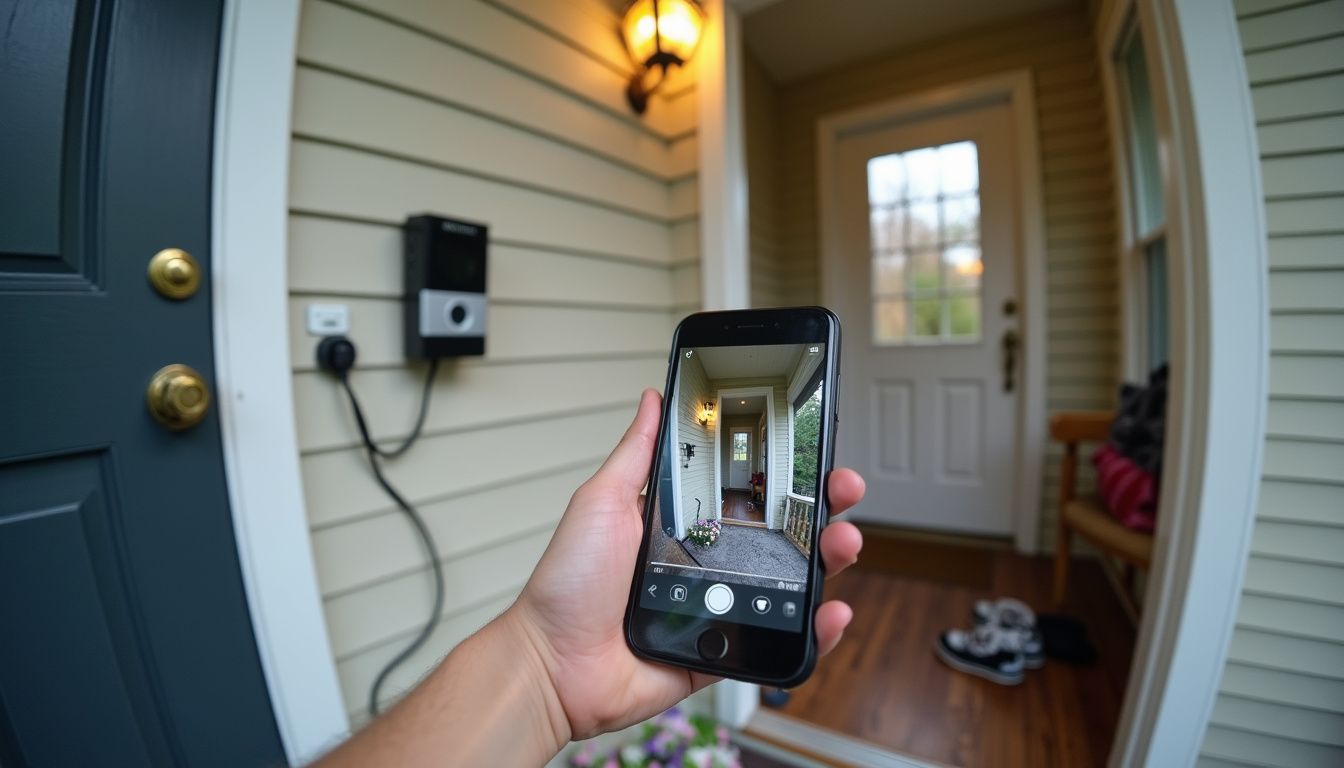A casual snapshot shows a front porch with a wired smart doorbell and kids' shoes scattered around. Phone capturing front porch view on app, outdoor security demonstration, home security camera, smart home technology, porch safety monitoring.