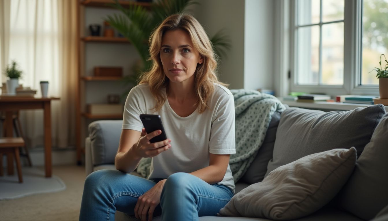 A woman in her late 30s looks surprised while casually sitting on a worn couch in her living room. Stylish young woman using smartphone at home, comfortable living room with natural light, modern decor, casual outfit, relaxed atmosphere, leisure, technology, lifestyle.