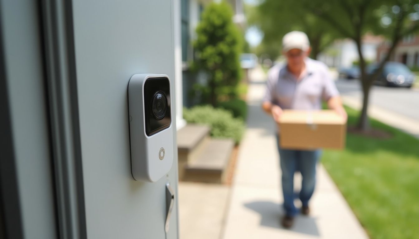 A delivery person places a package on the doorstep while a doorbell camera captures the moment. Video doorbell camera with motion detection at modern home entrance, smart security, and outdoor surveillance system.