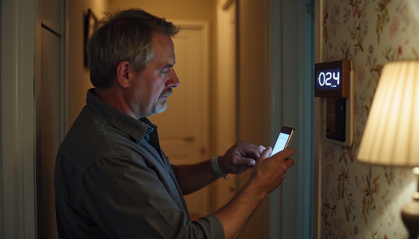 A middle-aged person is adjusting a smart doorbell camera in a worn hallway at home. Digital thermostat control in living room with a man using smartphone for remote temperature management.
