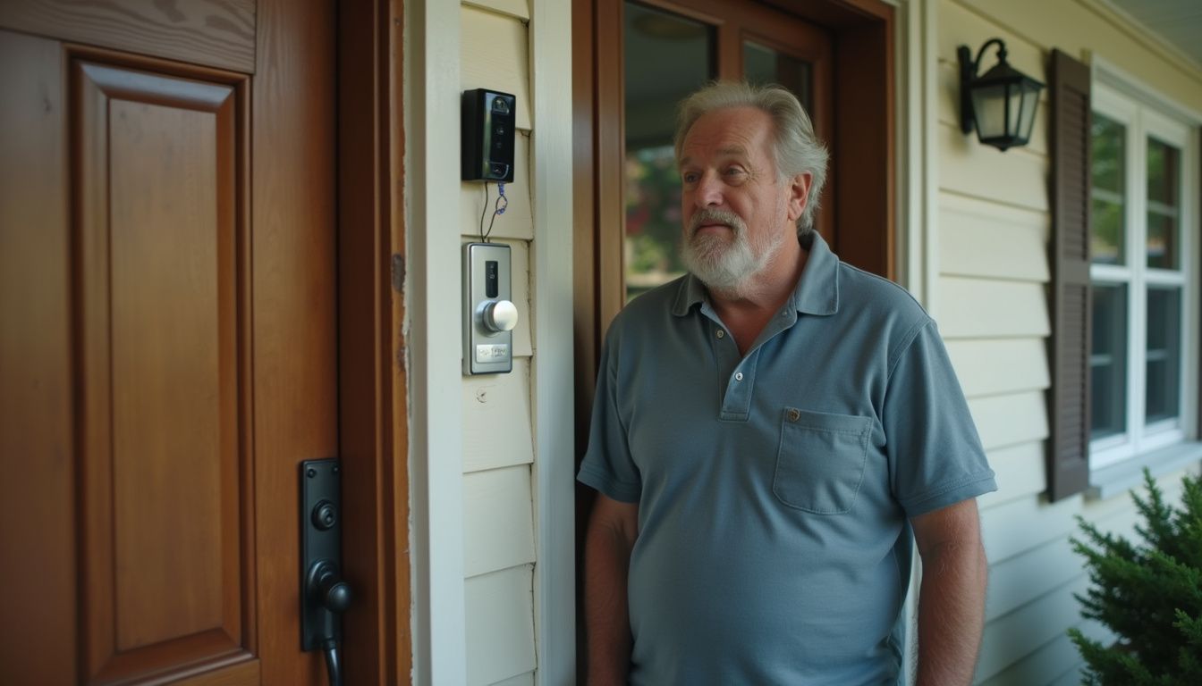 A middle-aged man curiously examines two different doorbells on adjacent front doors in a suburban neighborhood. Security camera system at a home entrance, showing a senior man standing outside the front door, demonstrating home security technology for enhanced safety and surveillance.