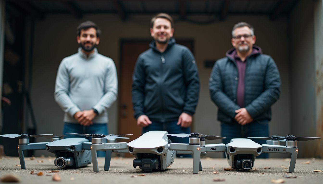 Three casual friends stand beside DJI, Autel, and JOUAV drones in an outdoor, relaxed setting. Selfie drone photography with three smiling men standing behind advanced quadcopters in an outdoor setting.