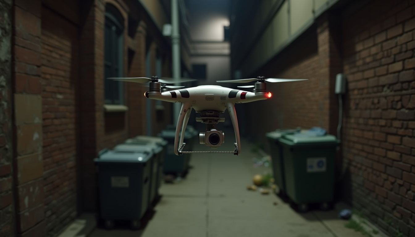A worn drone hovers unnoticed over a dimly lit city alley filled with trash bins and debris. Aerial drone flying through an alleyway between brick buildings at night, equipped with camera for capturing footage or surveillance, highlighting drone technology and urban monitoring.