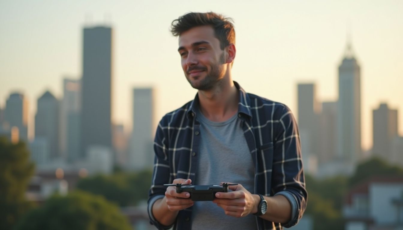 A casual man in his 30s operates a small drone controller against a city skyline at dusk. Young man playing drone outdoors in urban park, city skyline in background, casual clothing, smiling, enjoying tech gadgets, modern lifestyle, leisure activity, high-tech entertainment.
