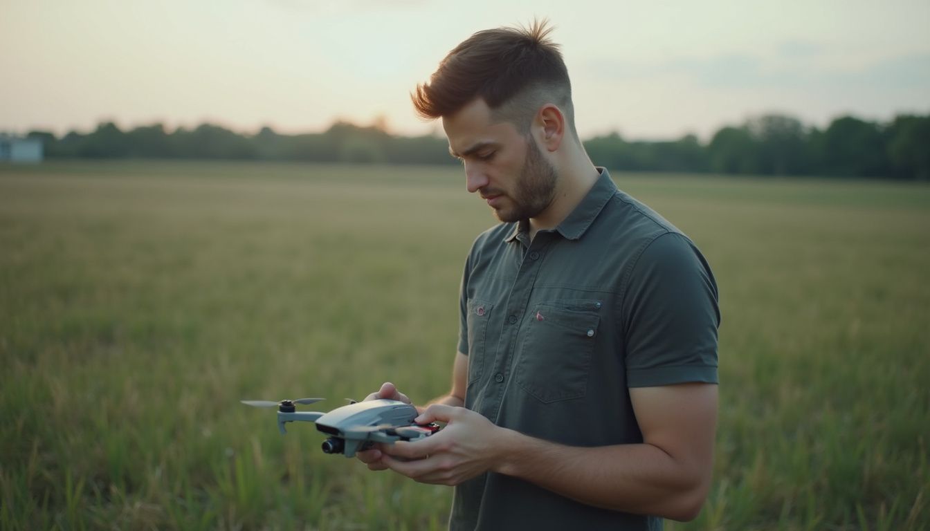 A man in his mid-30s casually operates a small drone in a serene open field. A young man standing in a field, holding and inspecting a drone with a focused look, during sunset.