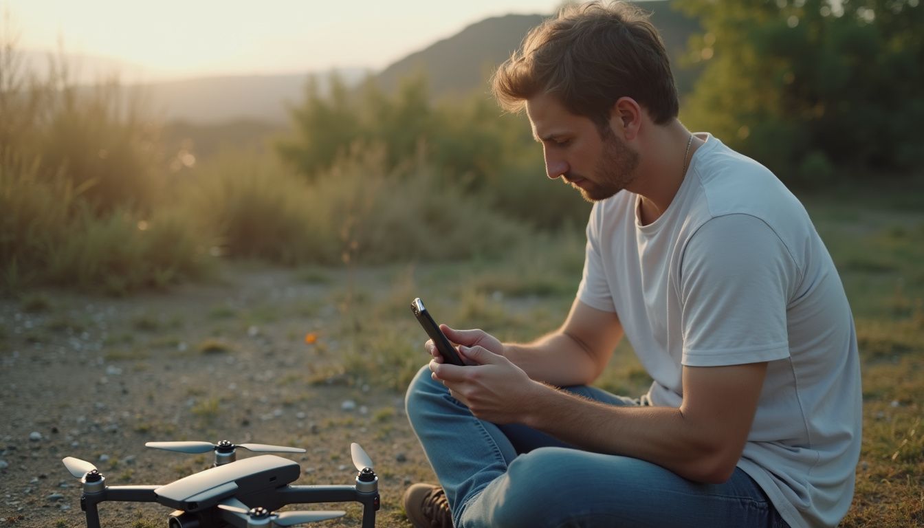 A relaxed man in casual clothes operates a scuffed drone controller in a natural outdoor setting. Drone photography, outdoor tech, young man with drone and smartphone at sunset in nature.
