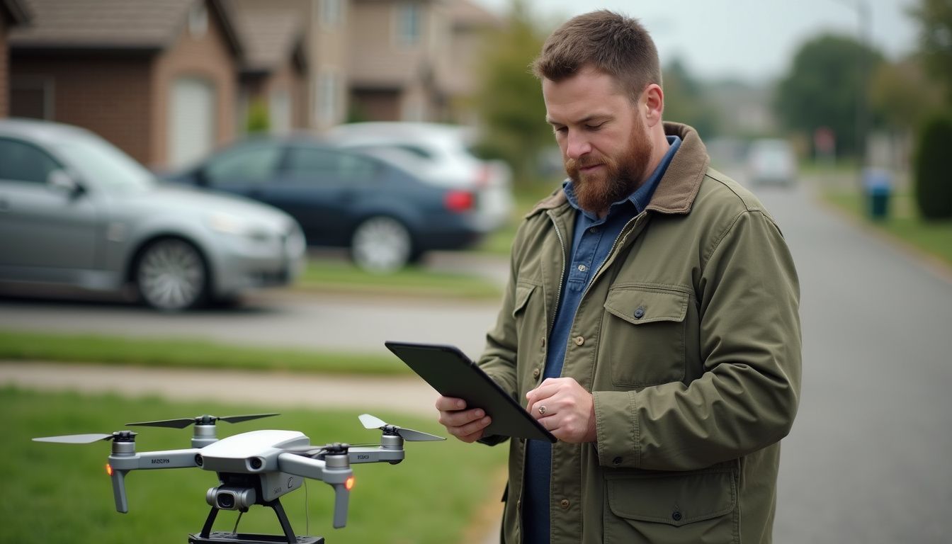 A casually dressed man in his 30s adjusts settings on a drone in a suburban neighborhood. Advanced drone with camera for photography and videography, operated outdoors in a residential neighborhood.