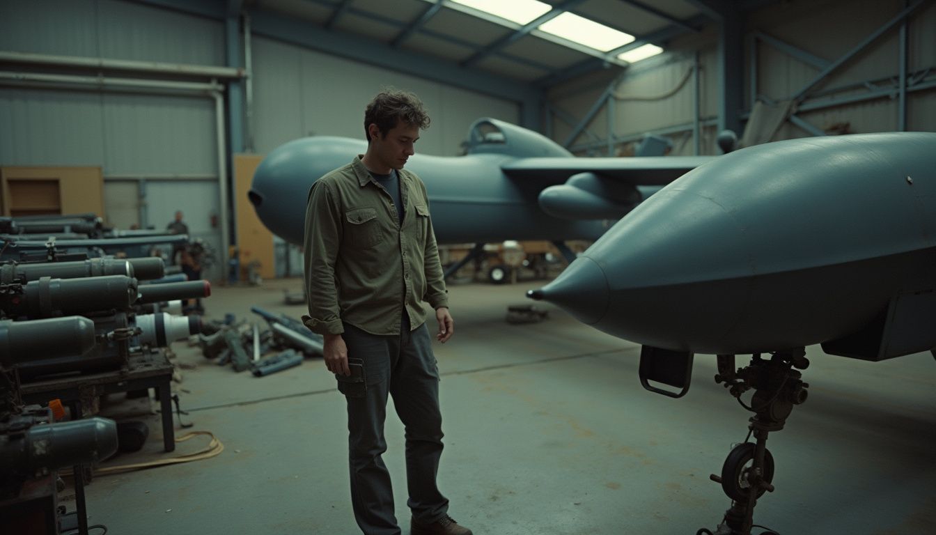A man in work clothes inspects a bulky drone amidst a cluttered hangar filled with tools and equipment. Guided missile or drone technician inspecting military aircraft in a hangar.