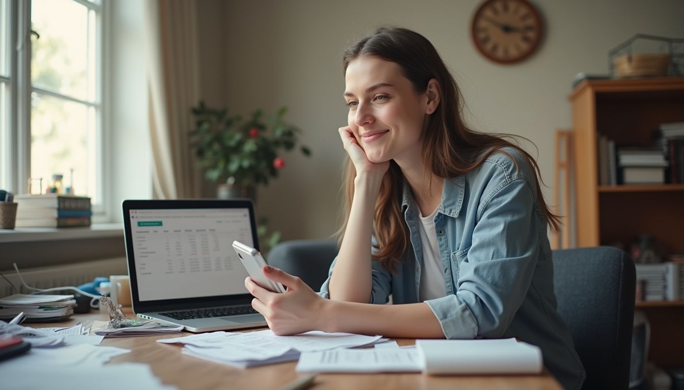 A woman in her late 20s casually sorts through bills and finances at a messy desk. A woman in her late 20s casually sorts through bills and finances at a messy desk.