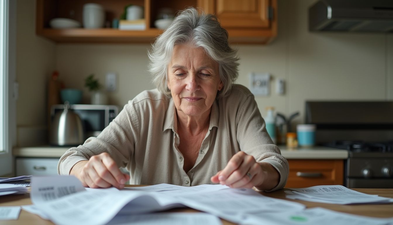 A middle-aged woman sits at a cluttered kitchen table, calmly sorting through scattered bills and papers. A middle-aged woman sits at a cluttered kitchen table, calmly sorting through scattered bills and papers.