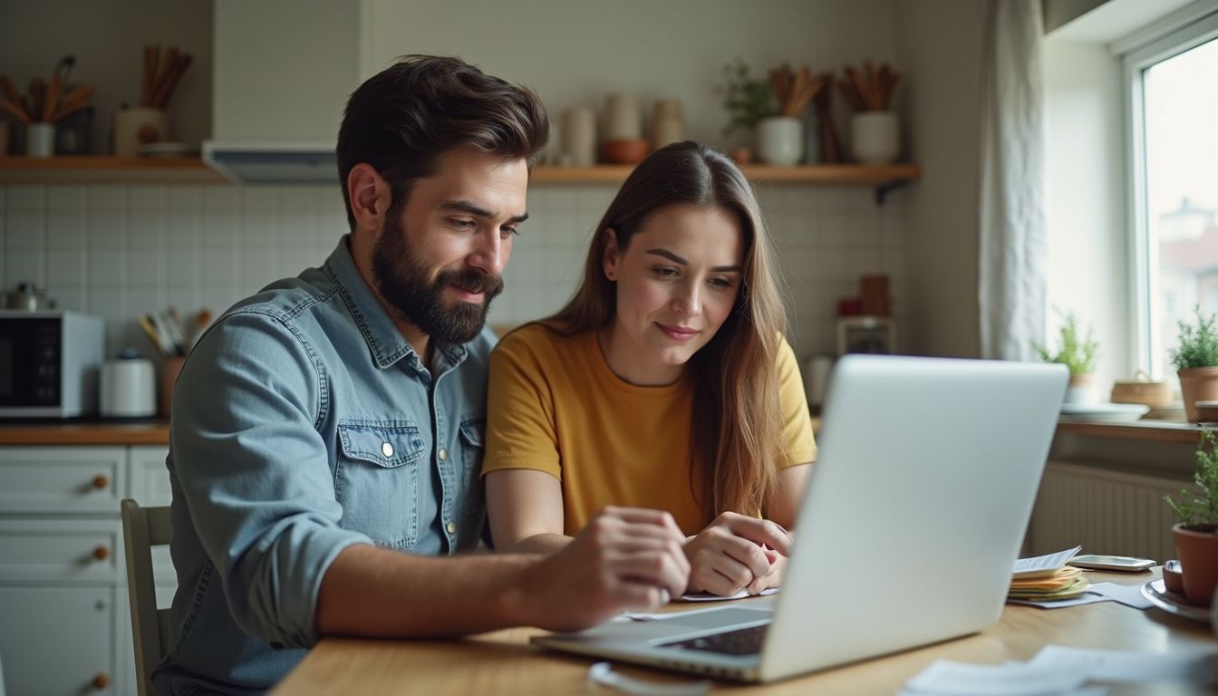 A man and woman in their 30s casually review a budgeting app at a messy kitchen table. A man and woman in their 30s casually review a budgeting app at a messy kitchen table.