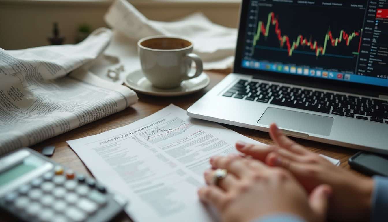 A cluttered desk features financial newspapers, an open laptop, a calculator, and a coffee mug, reflecting a typical morning. A cluttered desk features financial newspapers, an open laptop, a calculator, and a coffee mug, reflecting a typical morning.