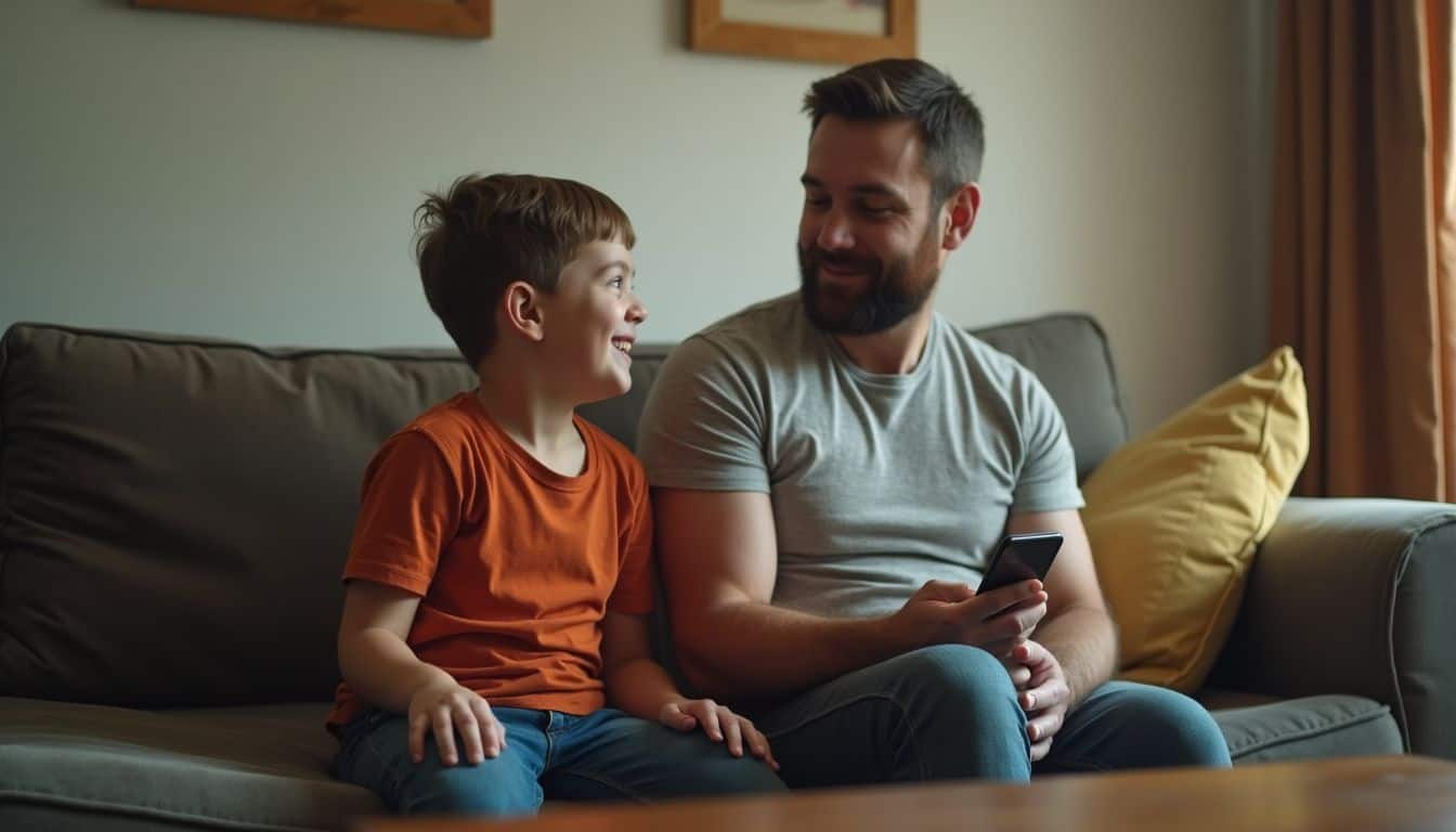A dad and his young son share a candid moment on the couch, discussing feelings while watching a cartoon. Smiling father and son enjoying time together at home with smartphone, family bonding, happy kids, cozy living room scene, quality time with children.