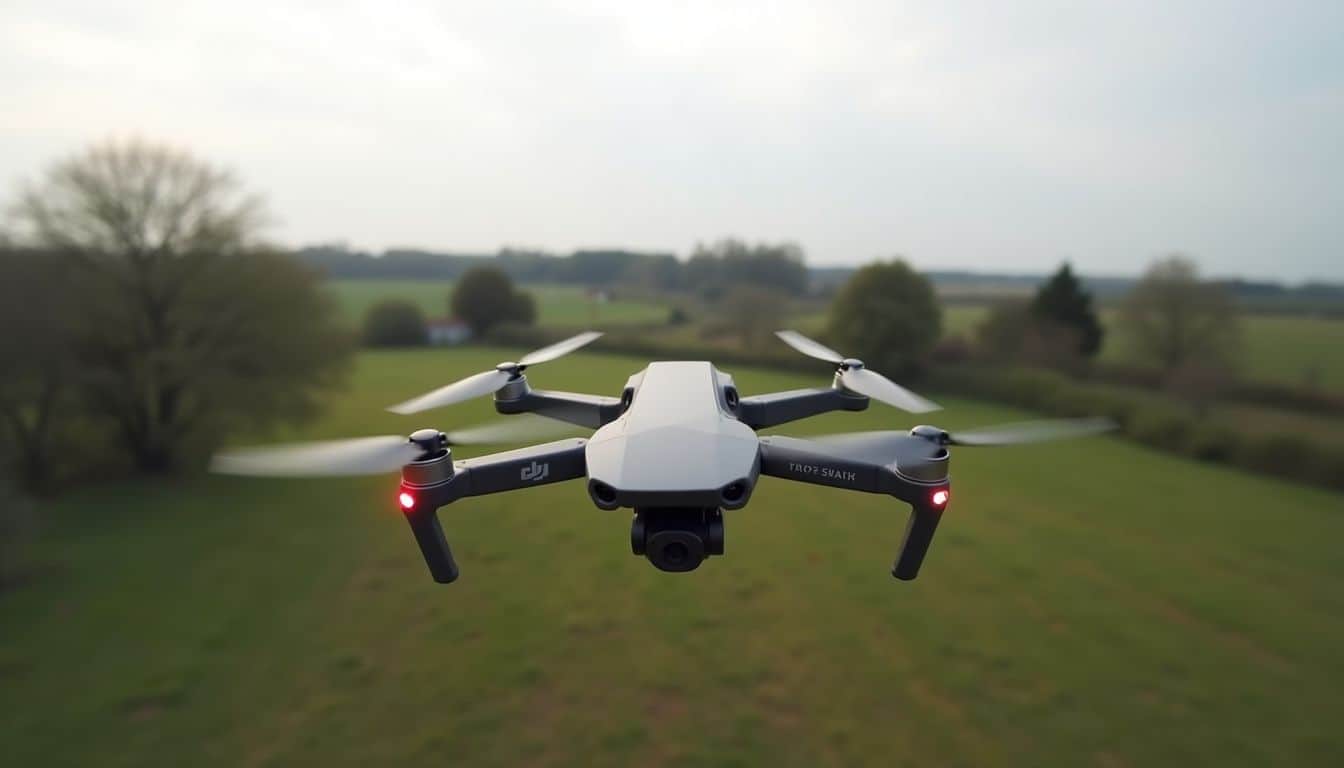 A DJI drone hovers quietly over a peaceful countryside with grassy fields and scattered trees. High-performance quadcopter drone flying over grassy field in rural landscape, equipped with camera for aerial photography and videography, showcasing modern drone technology for hobbyists and professionals.