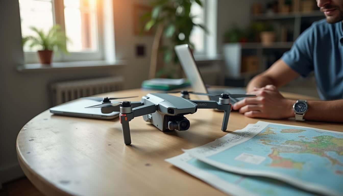 A DJI drone sits on a wooden table among maps and a laptop, while a person sets up Local Data Mode. Aerial drone with camera on wooden desk next to laptop, maps, and a man working indoors, highlighting tech gadgets and remote work.