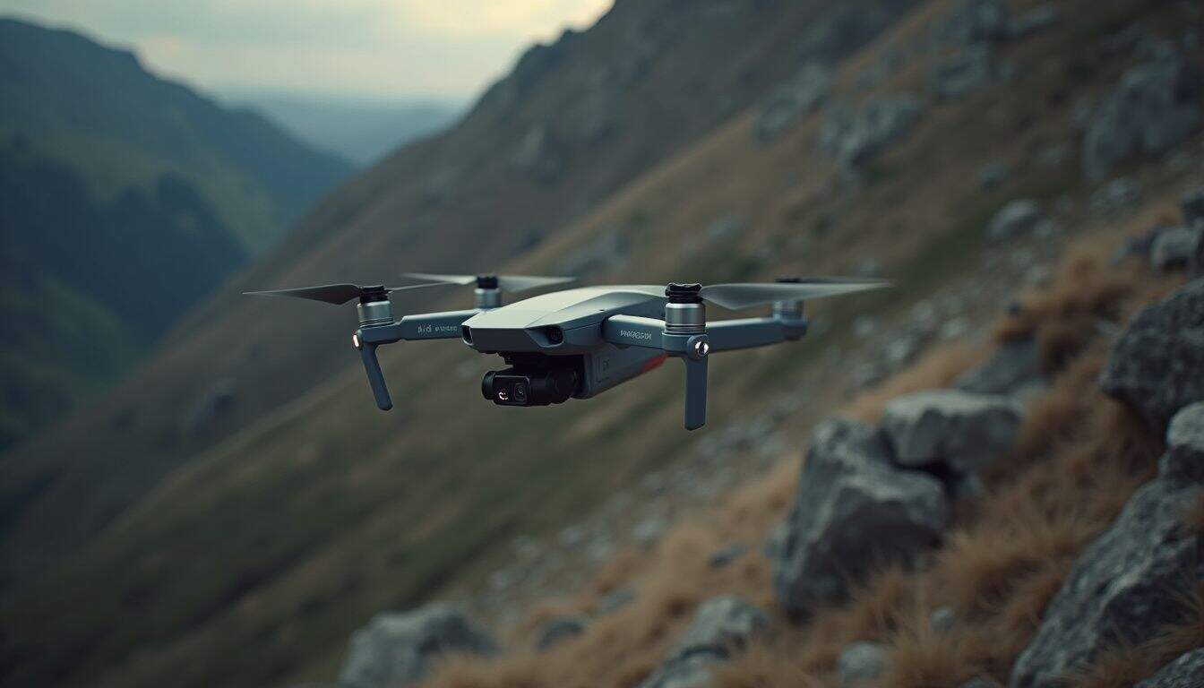 A DJI drone navigates through rugged mountain terrain using offline maps. Drone flying over rugged mountainous terrain during sunset for aerial photography or videography.