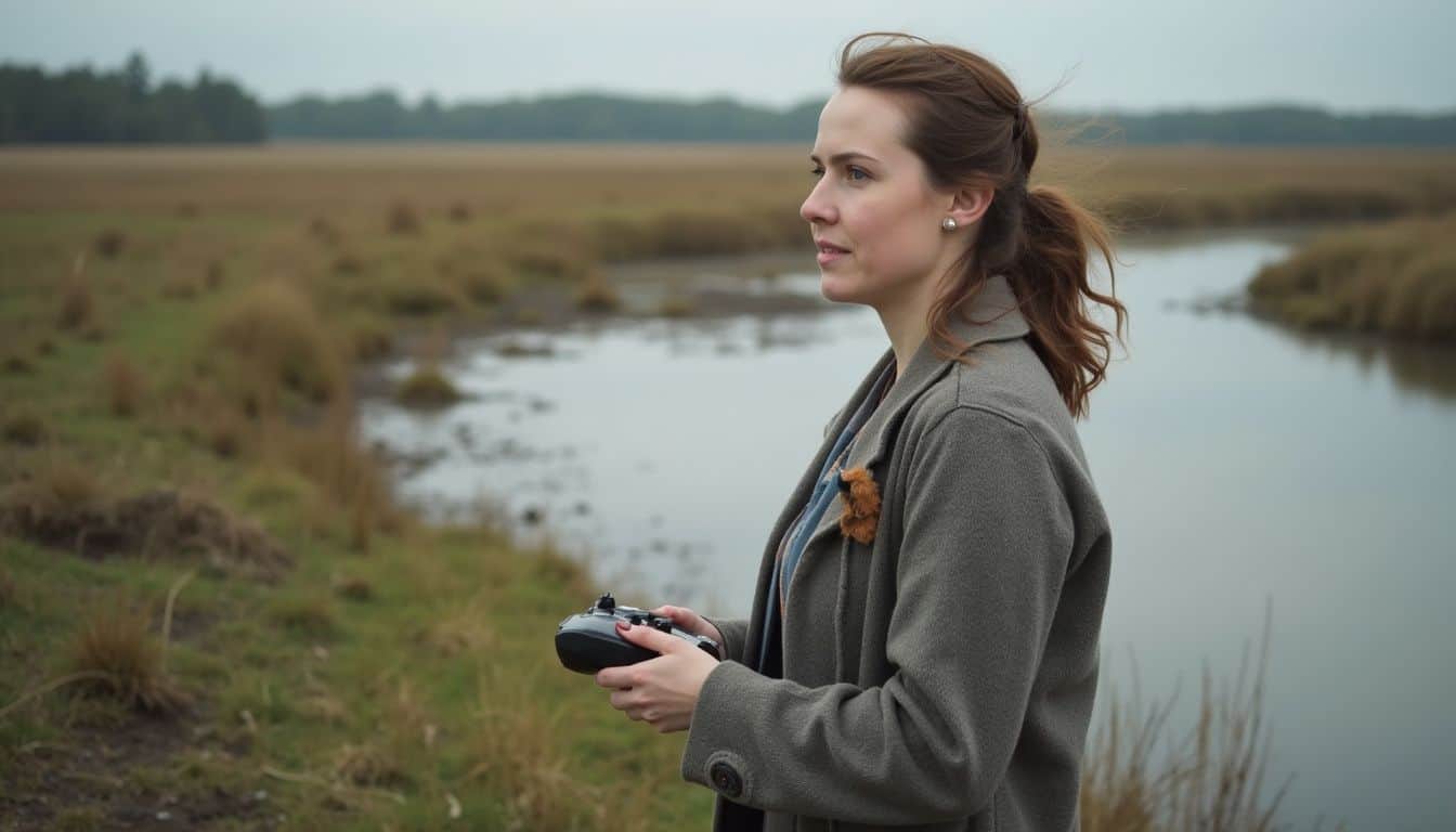 Remote control drone flying over marshland for outdoor adventure or recreational use.