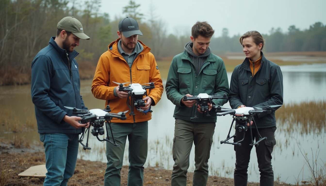Diverse group of young people preparing drones for outdoor flying near a tranquil lake with trees, emphasizing outdoor drone use and adventure.