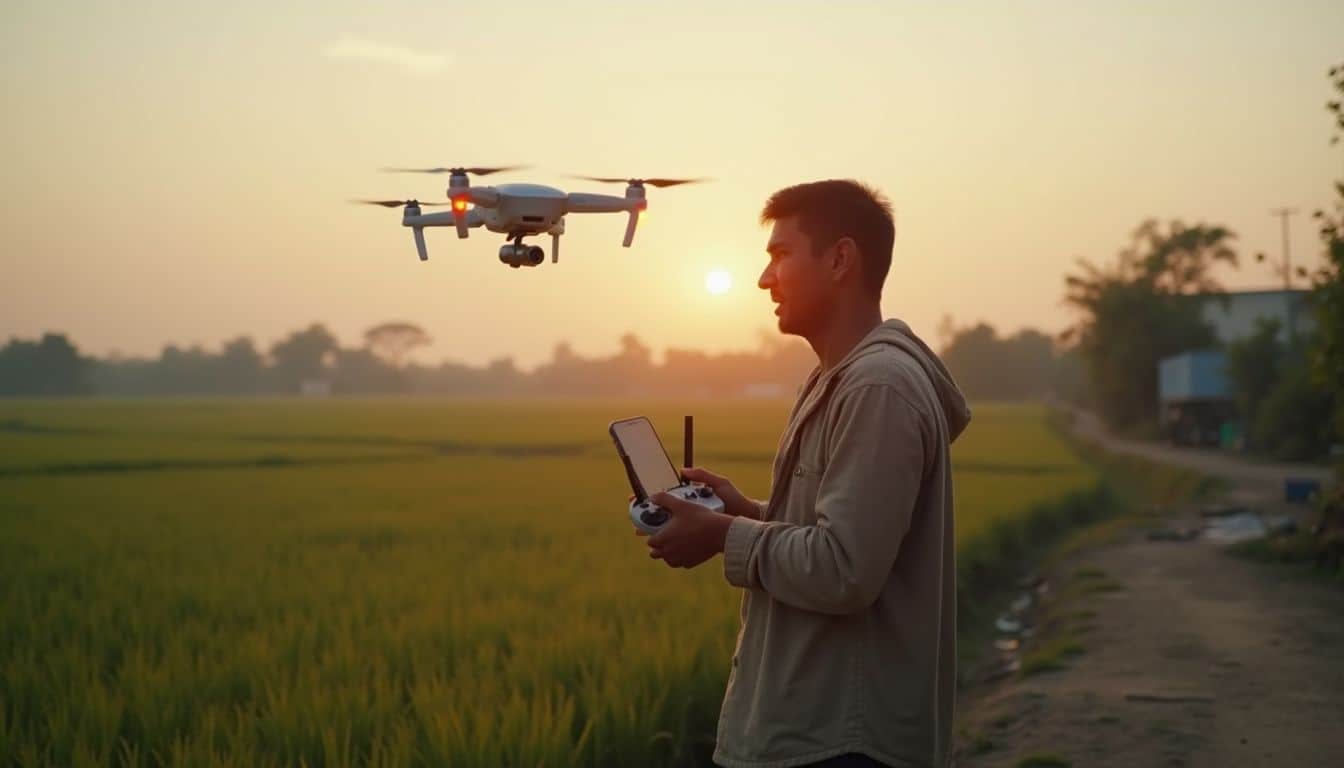 A man flying a drone outdoors during sunset with a remote controller in hand.