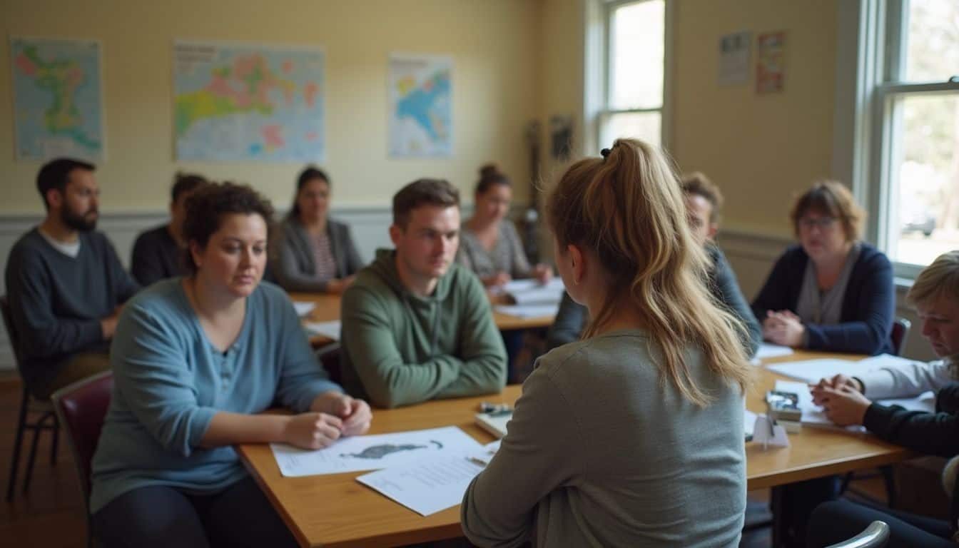 Sympathetic woman leading a classroom discussion with diverse adults, educational meeting, professional workshop, engaged learners, collaborative learning environment.