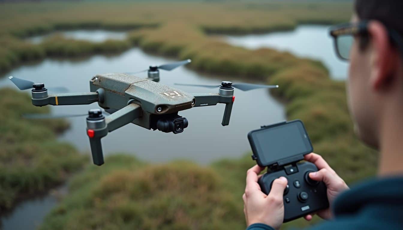 High-tech drone filming outdoors over scenic wetlands with a person controlling it using a remote controller, emphasizing landscape photography and drone technology.