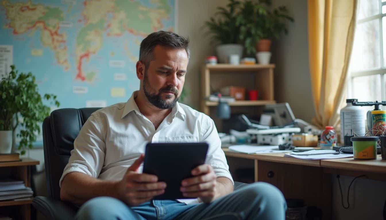 Confused man looking at tablet in cluttered home office with world map background.