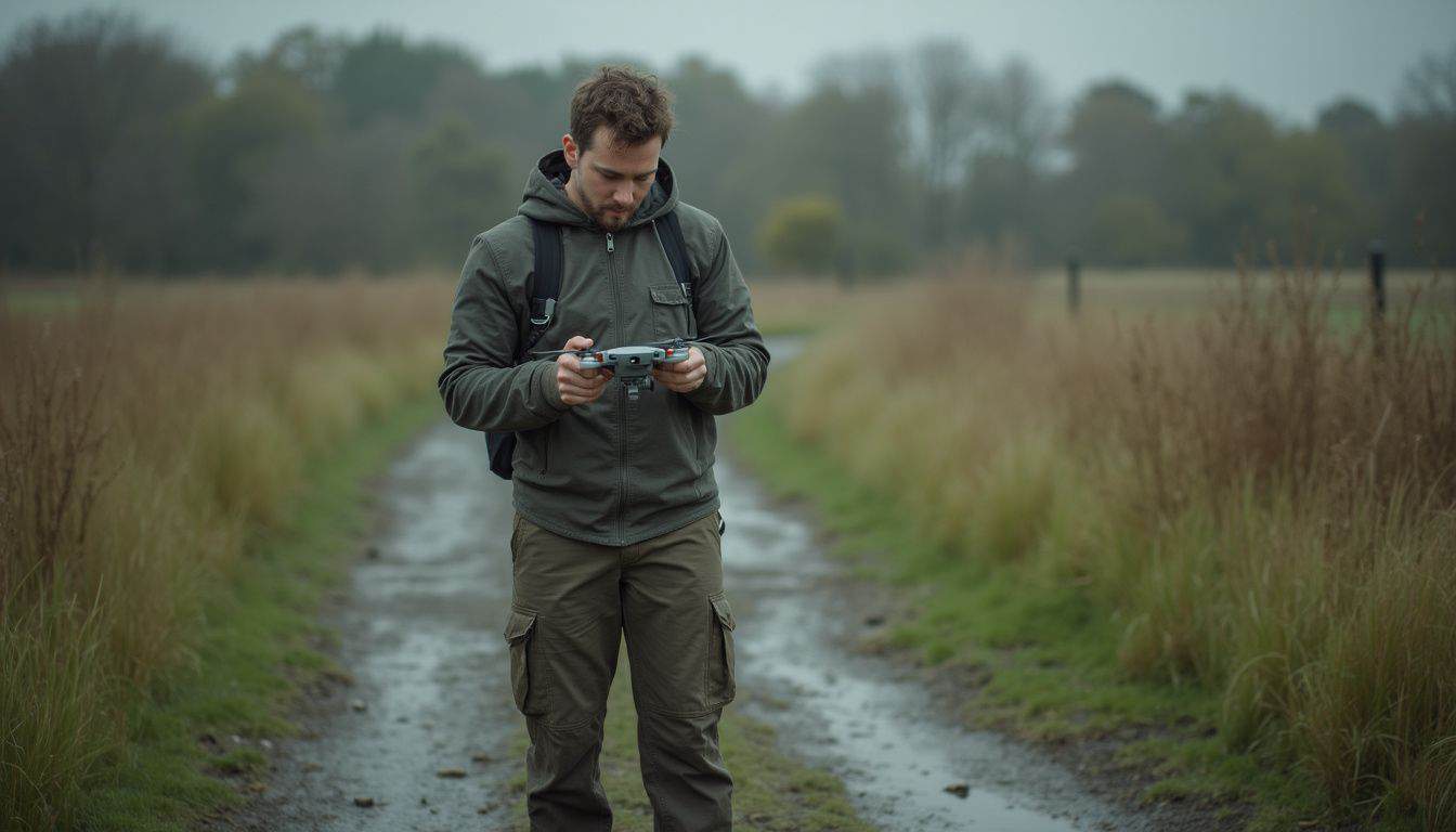 Drone pilot man flying drone outdoors with handheld remote control on a rural dirt road in nature.